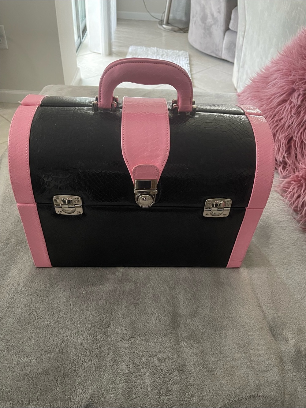 Black and Pink Structured Train Case  Box